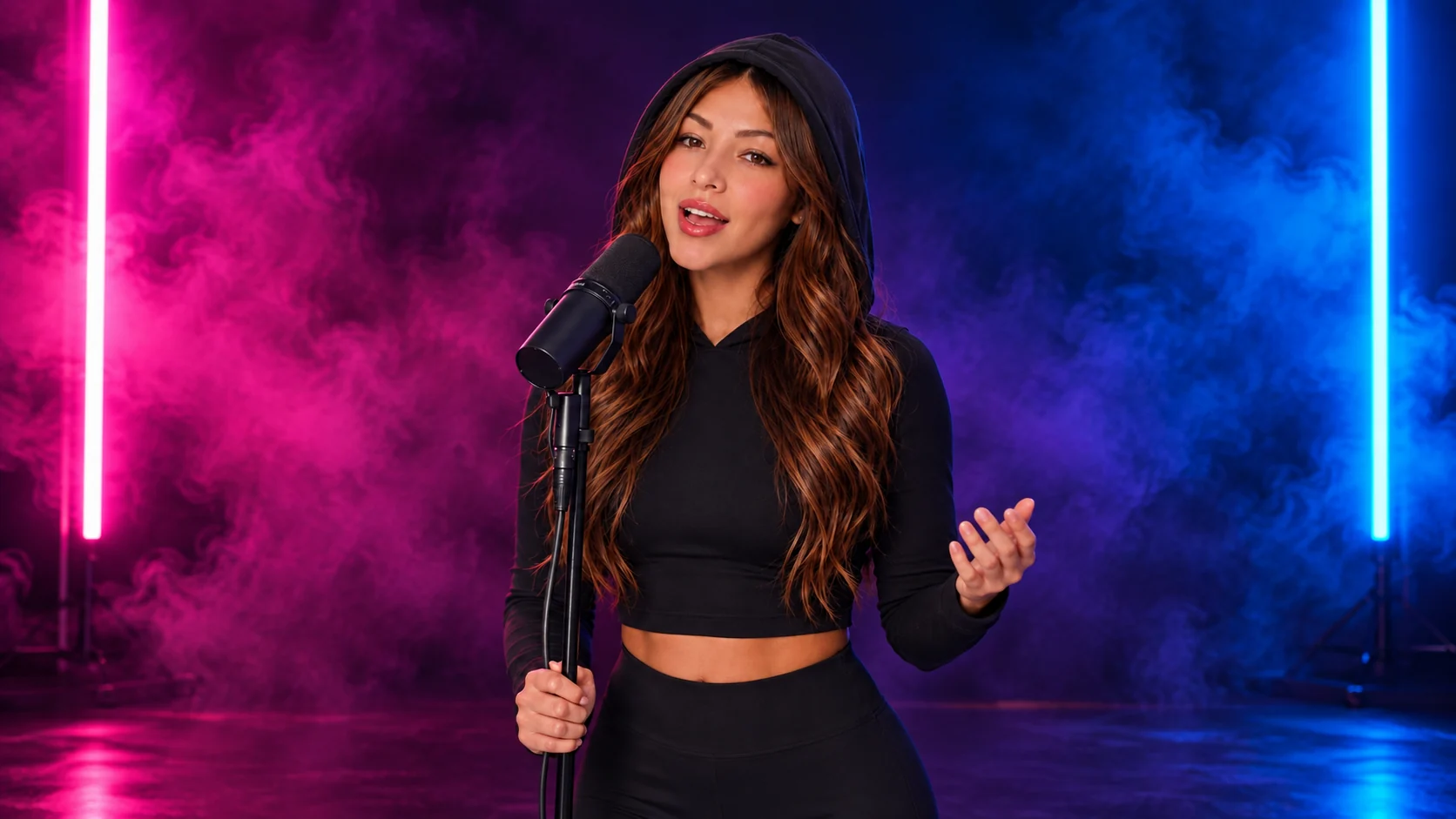 Eimy Música frente a un micrófono en su estudio con luces azul y rosa